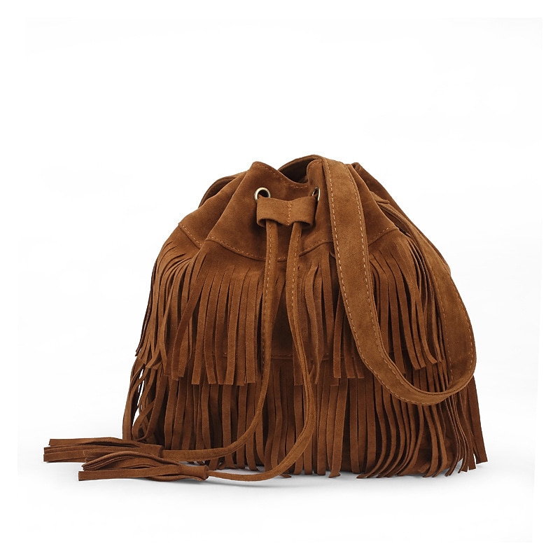 Women's Suede Fringe Bucket Bag – Boho Style Drawstring Crossbody Purse for Music Festivals, Casual Outings, and Weekend Getaways
