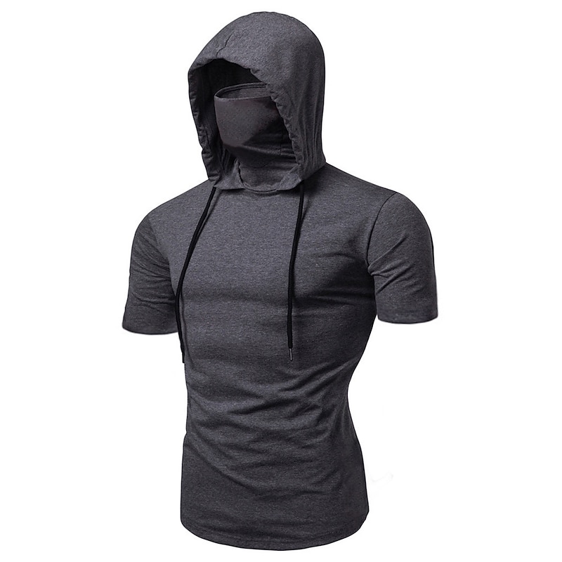 Men's Hoodie with Mask Running Shirt Drawstring Short Sleeve Tee Tshirt Street Athleisure Fall Solid Colored Cotton Thermal Warm Soft Sweat wicking Breathable Jogging Training Running Sportswear