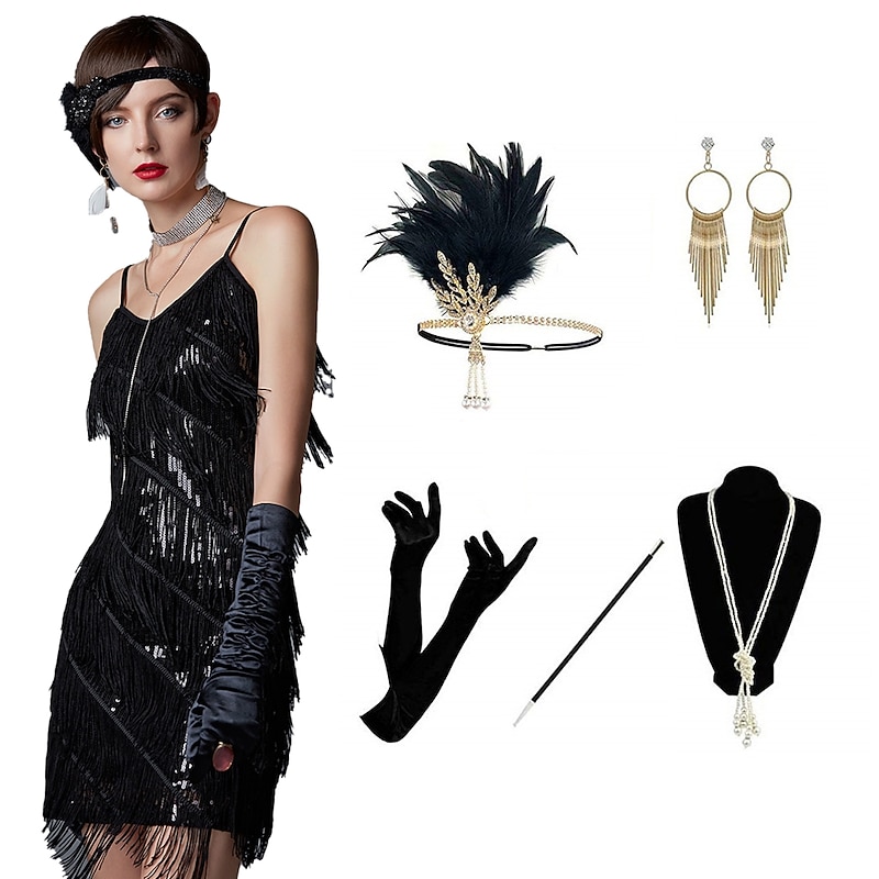 Roaring 20s 1920s Cocktail Dress Short / Mini Flapper Dress Dress Outfits The Great Gatsby Plus Size Wedding Guest Tassel Fringe Tassel Fancy Dress Women's Christmas Carnival Masquerade Party Prom3