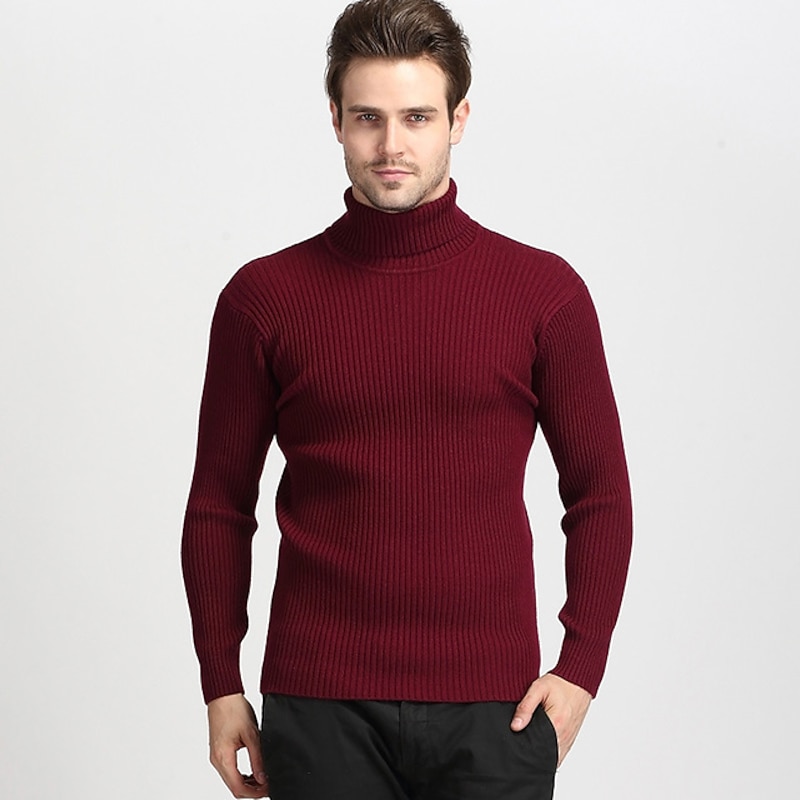 Men's Turtleneck Sweater Sweater Wool Sweater Pullover Sweater Jumper Mens Turtle Neck Jumper Knit Stripe Knitted Solid Color Turtleneck Stylish Vintage Style Daily Clothing Apparel Fall Winter Wine4