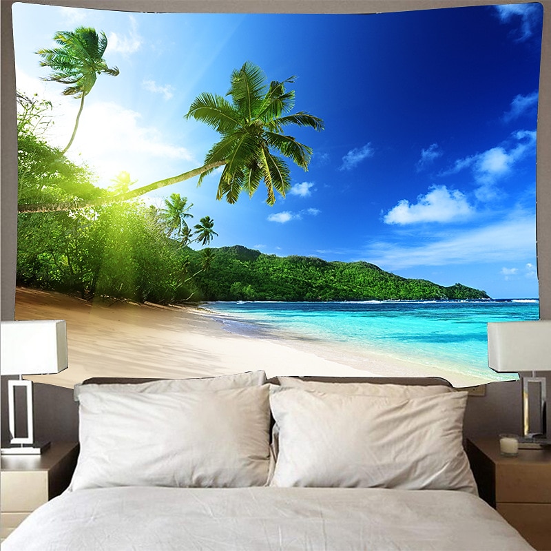 Large Wall Tapestry Art Deco Blanket Curtain Picnic Table Cloth Hanging Home Bedroom Living Room Dormitory Decoration Polyester Fiber Beach Series Coconut Tree Blue Sea White Cloud Royal Blue Sky