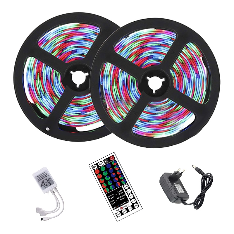 10M (2x5M) LED Strip Lights RGB Tiktok Lights 2835 600led Strips Lighting Color Changing with 44 Key IR Remote Ideal for Home Kitchen Christmas TV Back Lights DC 12V
