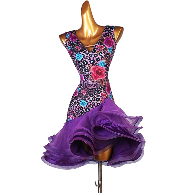 Dance Salsa Latin Dance Dress Cascading Ruffles Split Joint Women's Training Sleeveless High Satin Ice Silk3