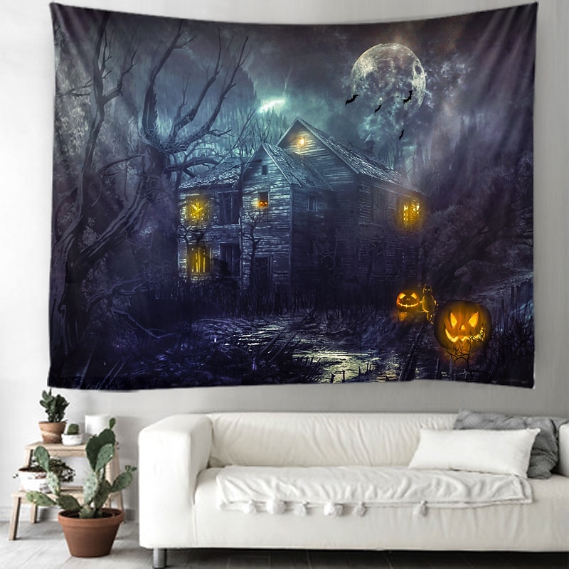 Halloween Decorations Tapestry Jack O Lantern Pumpkin Decor Wall Art Large Hanging Tapestry Mural Decor Photograph Backdrop Blanket Curtain Home Bedroom Living Room Bat Haunted House Graveyard2