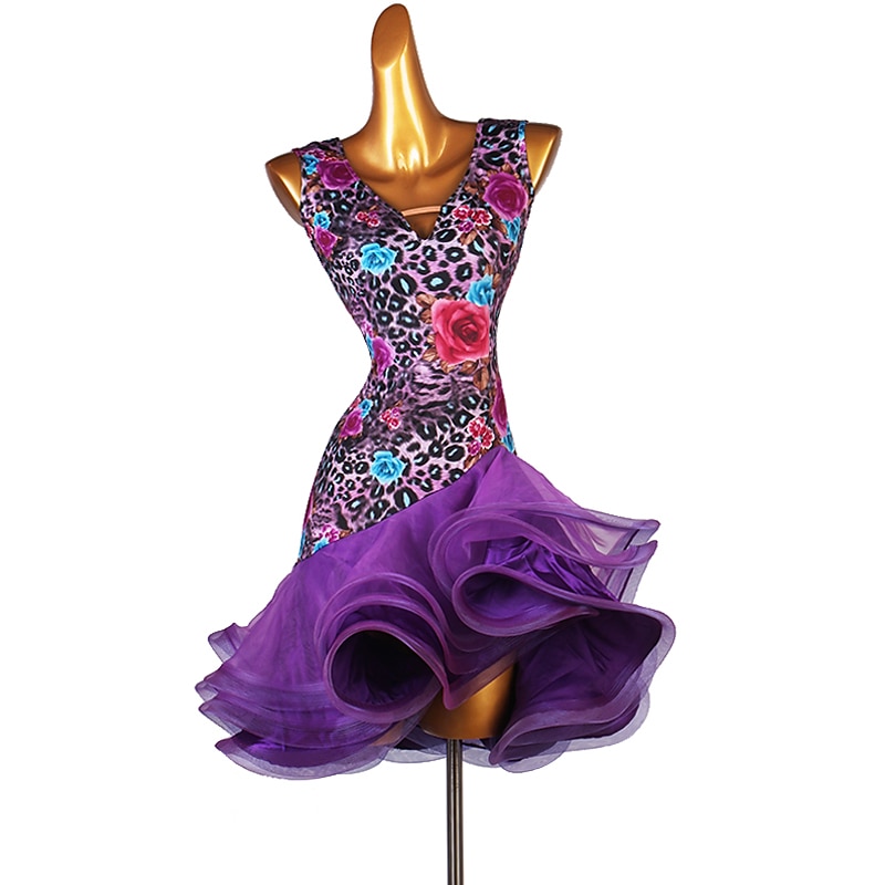 Dance Salsa Latin Dance Dress Cascading Ruffles Split Joint Women's Training Sleeveless High Satin Ice Silk