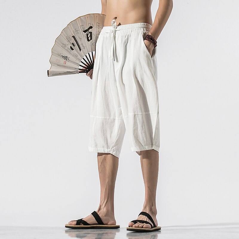Men's Shorts Linen Shorts Summer Shorts Beach Shorts Capri Pants Patchwork Drawstring Plain Comfort Breathable Calf-Length Home Daily Basic Chinoiserie Loose Fit Black White Inelastic
