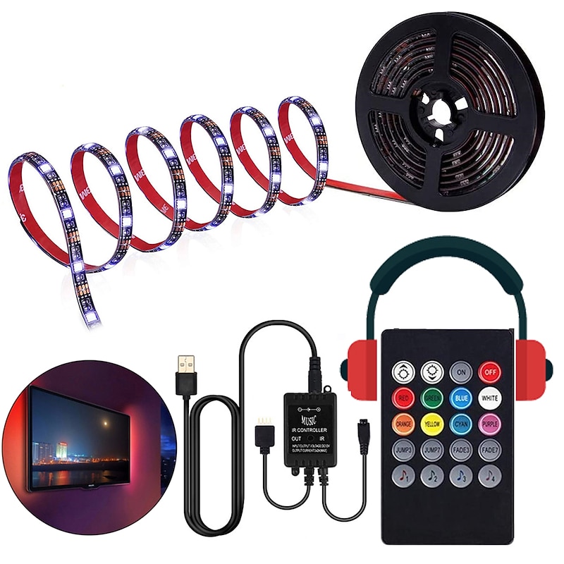 Music Control LED Light Strip 1M 2M 3M 4M 5M 5050 RGB SMD 30 LEDs Per Meters Tiktok LED Strip Lights with IR 24 Key Controller USB Port DC5V