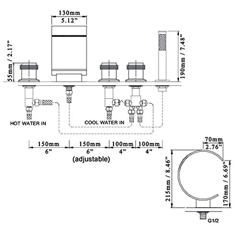 Bathtub Faucet,Modern Style Brass Contemporary Oil-rubbed Bronze Roman Tub Ceramic Valve Waterfall Bath Shower Mixer Taps with Hot and Cold Switch4