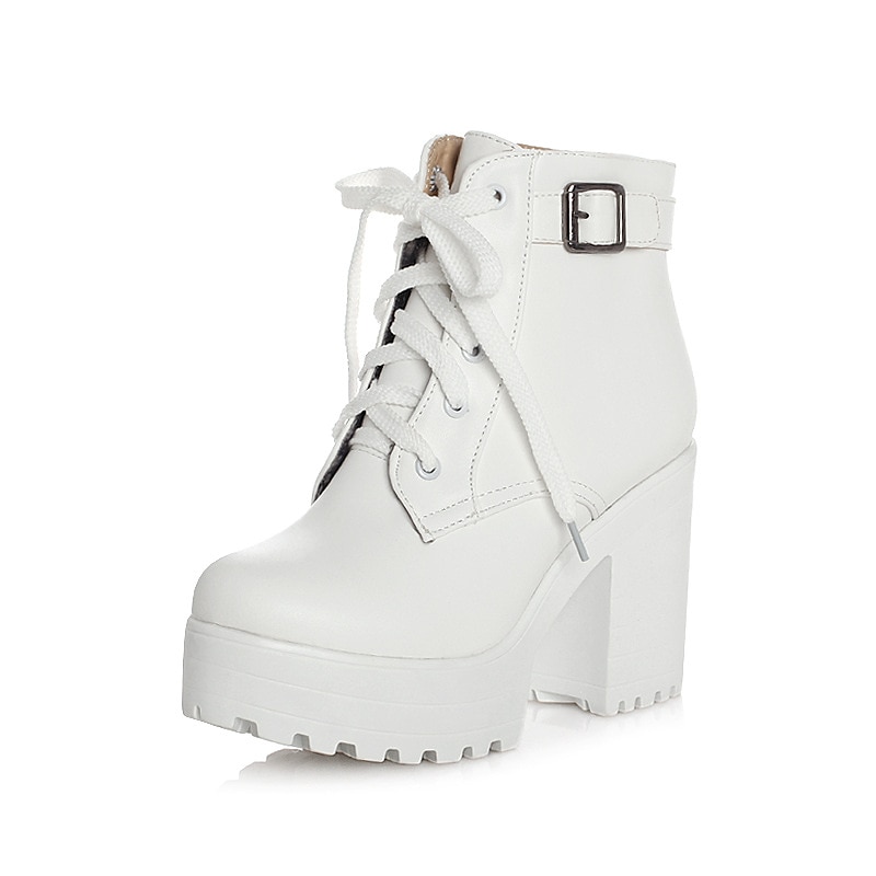 Women's White Platform Ankle Boots, Chunky Heel with Lace - Up & Buckle Detail, Edgy Style for Everyday & Party Looks2
