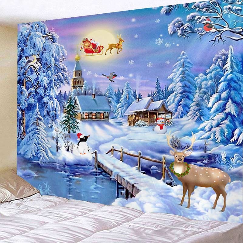 Christmas Decorations White Winter Snow Reindeer Wall Tapestry Holiday Party Xmas Decor Photo Background Backdrop Blanket Curtain Tablecloth Hanging Bedroom Living Room Santa Claus Gift Polyester2