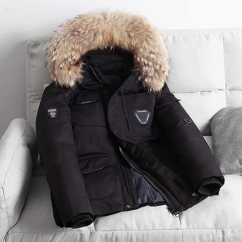 Men's Winter Coat Down Jacket Puffer Jacket Parka with Faux Fur 90% White duck down Sports & Outdoor Thermal Warm Winter Solid Color Black Wine Puffer Jacket3