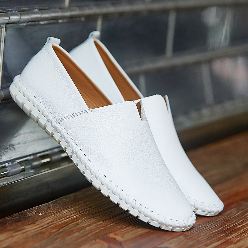 Men's White Leather Slip-On Loafers – Breathable Casual Moccasins with Stitch Detailing for Summer and Travel3