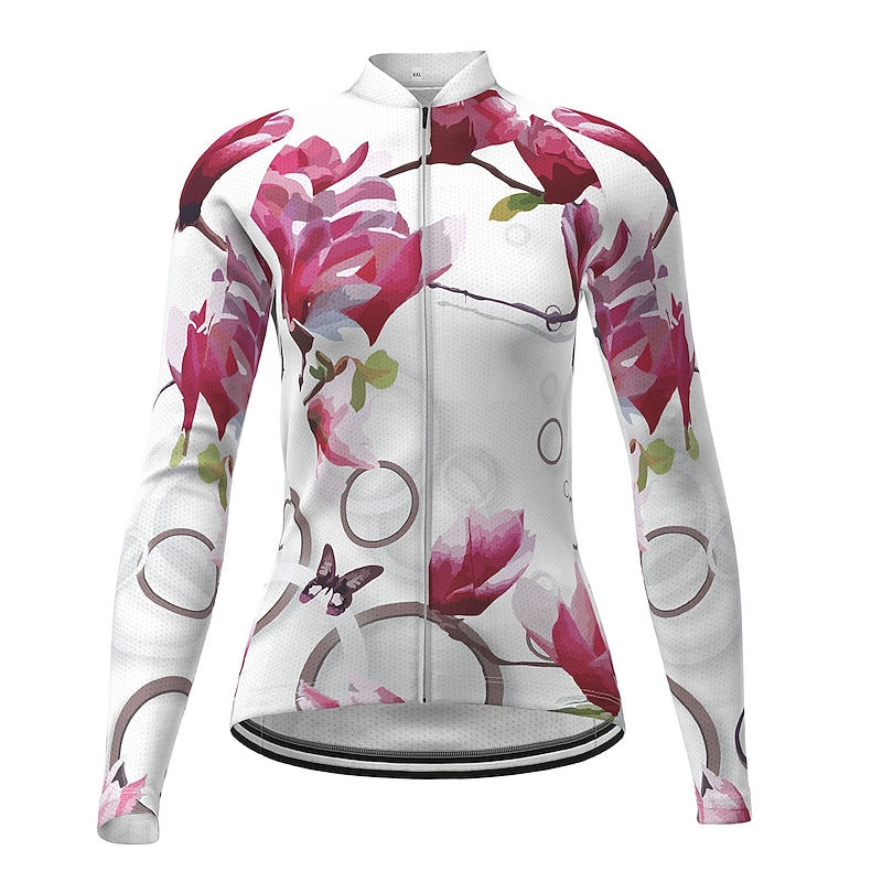 Women's Cycling Jersey Butterfly Patterned Novelty Long Sleeve Bike Jersey Top with 3 Rear Pockets Mountain Bike MTB Road Bike Cycling Quick Dry Soft Reflective Strips Sweat wicking Sports White