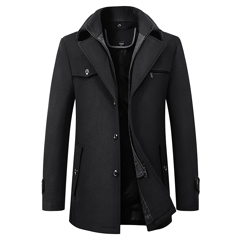 Men's Winter Coat Wool Coat Overcoat Short Coat Business Casual Fall & Winter Wool Blend Outerwear Clothing Apparel Basic Solid Colored Notch lapel collar Zipper