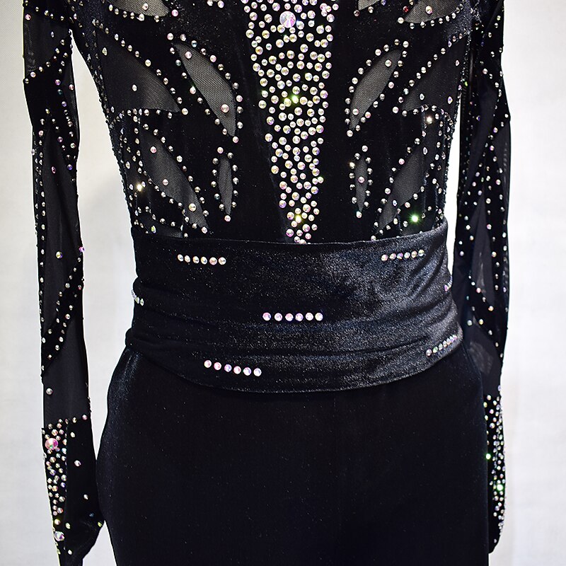Figure Skating Dress Women's Girls' Ice Skating Dress Outfits Black Spandex High Elasticity Training Competition Skating Wear Handmade Solid Color Crystal / Rhinestone Long Sleeve Ice Skating Winter2