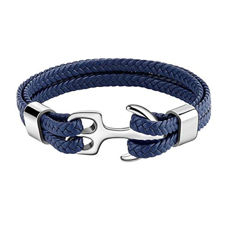 bracelet for men, sturdy cowhide leather bracelet, multilayer vintage anchor bracelet wrap cuff - blue with silver anchor