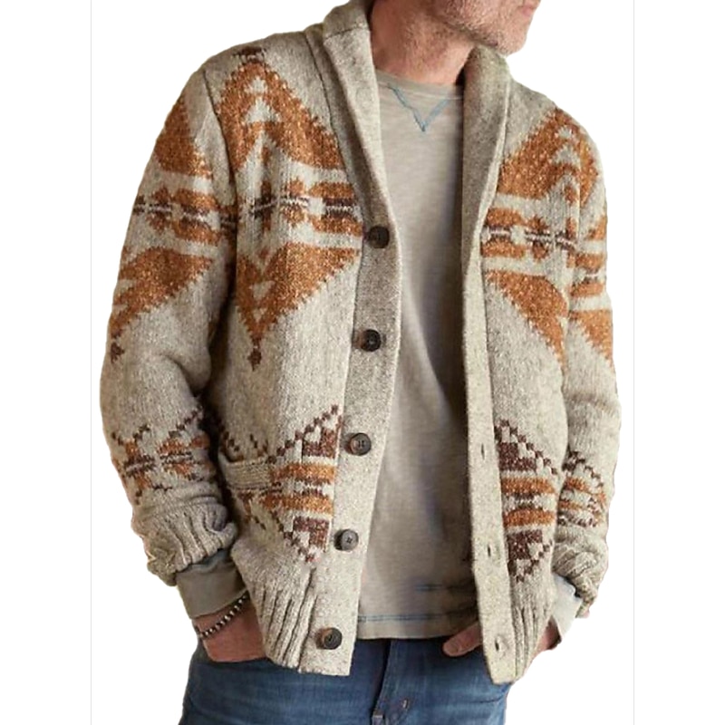 Men's Sweater Cardigan Knit Vintage Style Retro Geometric Shawl Collar Stylish Sweaters Daily Wear Clothing Apparel Fall Winter Khaki Gray M L XL2