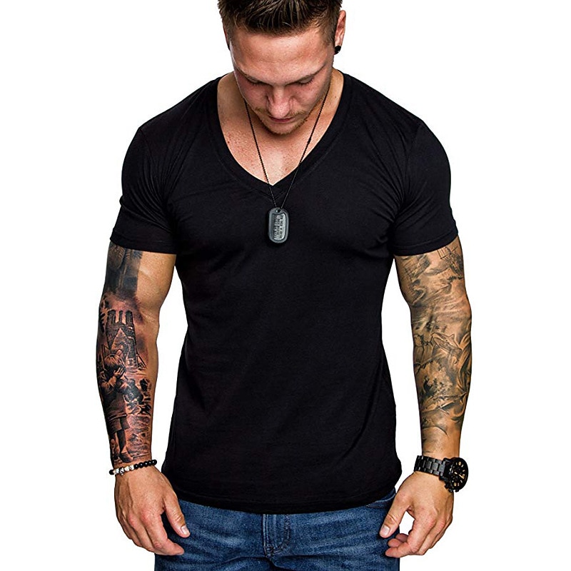 Men's T Shirt Tee Top Short Sleeve V Neck Plain Muscle Esencial Summer Navy Black White Top Tee for Men3