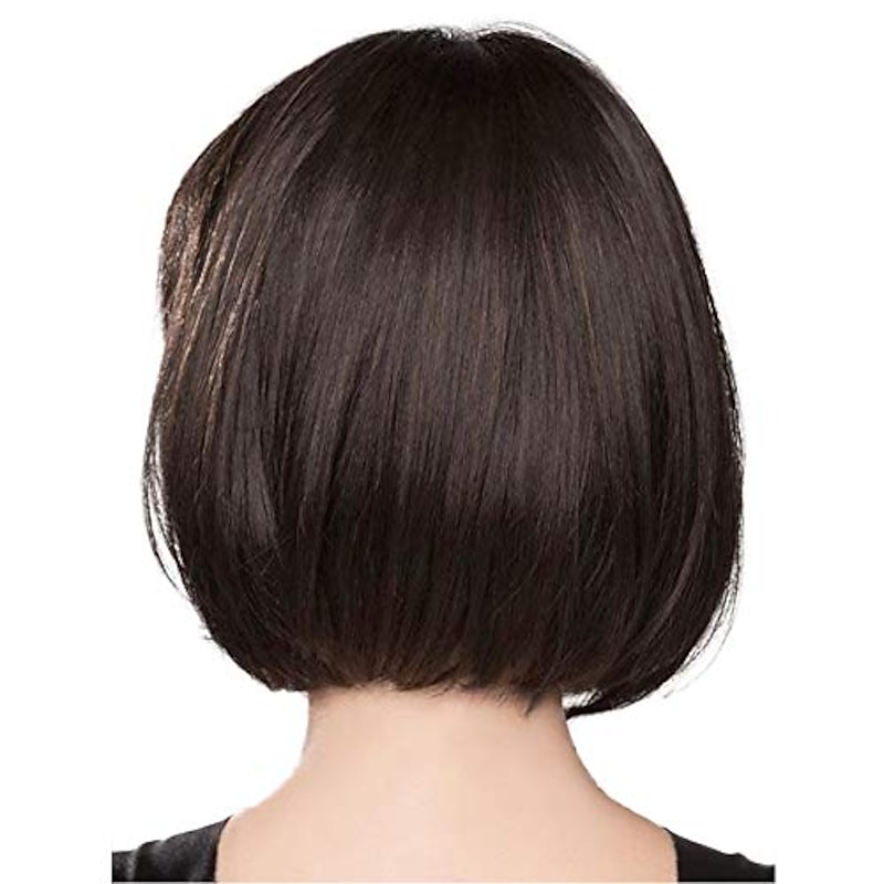 Straight Bob Neat Bang Machine Made Wig Short Photo Color Synthetic Hair Women's Dark Brown4