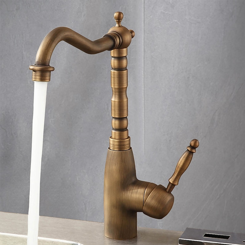 Kitchen Sink Mixer Faucet Traditional, 360 Rotating Kitchen Vessel Taps Antique Brass Retro Style Single Handle One Hole with Hot and Cold Water Hose4