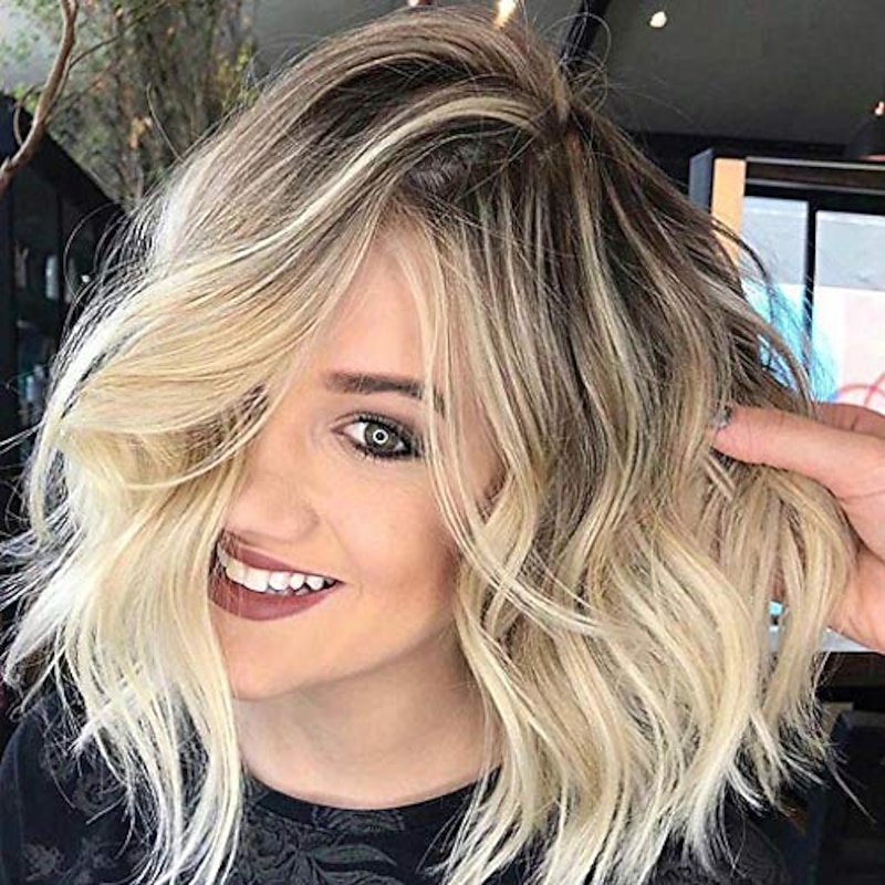 Ombre Blonde Bob Wig Inkach Short Wavy Curly Full Hair Wigs Heat Resistant Synthetic Fiber Cosplay Party Hairpiece for African Women (Gold)