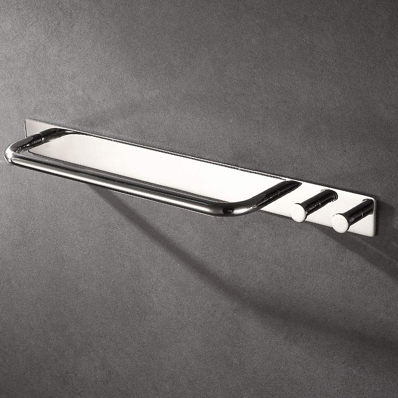 Bathroom Shelf with 2 Hooks Multifunctional Towel Bar Self-adhesive Wall Mounted Stainless Steel Silvery 1pc2
