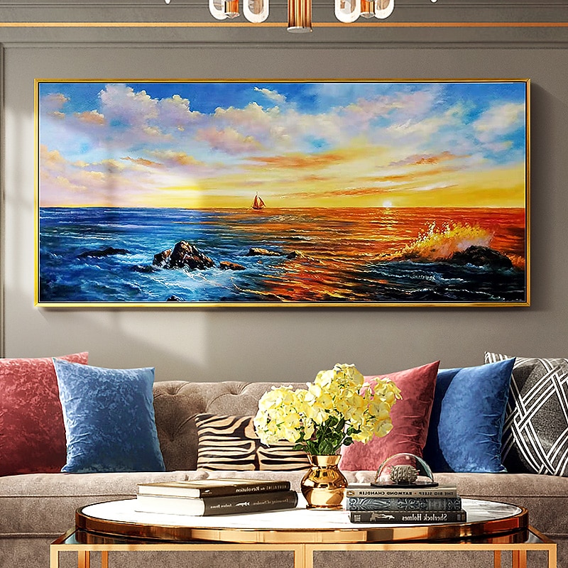 Oil Painting 100% Handmade Hand Painted Wall Art On Canvas Horizontal Panoramic Abstract Modern Landscape Nightfall Sea Sky Home Decoration Decor Rolled Canvas No Frame Unstretched4