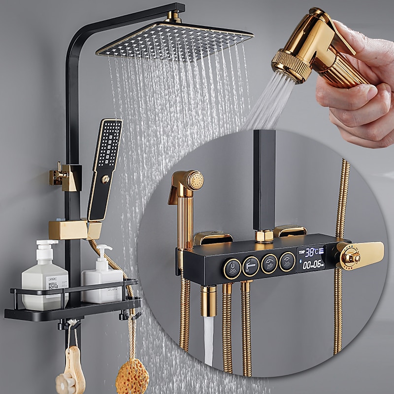 Shower Faucet,Shower System/Rainfall Shower Head System/Thermostatic Mixer valve Set Handshower Included pullout Rainfall Shower Electroplated Mount Outside Bath Shower Mixer Taps