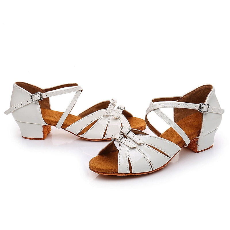 Girls' White Latin Dance Sandals with Rhinestone Buckle, Low Heel, and Crisscross Straps - Ideal for Ballroom and Salsa Practice3