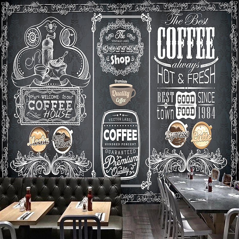 Coffee Cafe Mural Wallpaper Wall Sticker Covering Print Peel and Stick Self Adhesive Removable for Coffee Cafe Blackboard Canvas Home Décor Multiple Size3