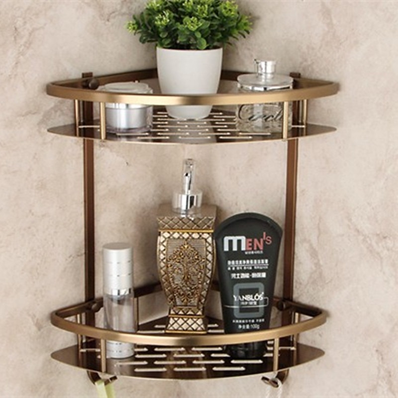 Multifunction Bathroom Corner Shelf with 2 Hooks Aluminum 2 Tiers Storage Rack for Toilet 1pc2