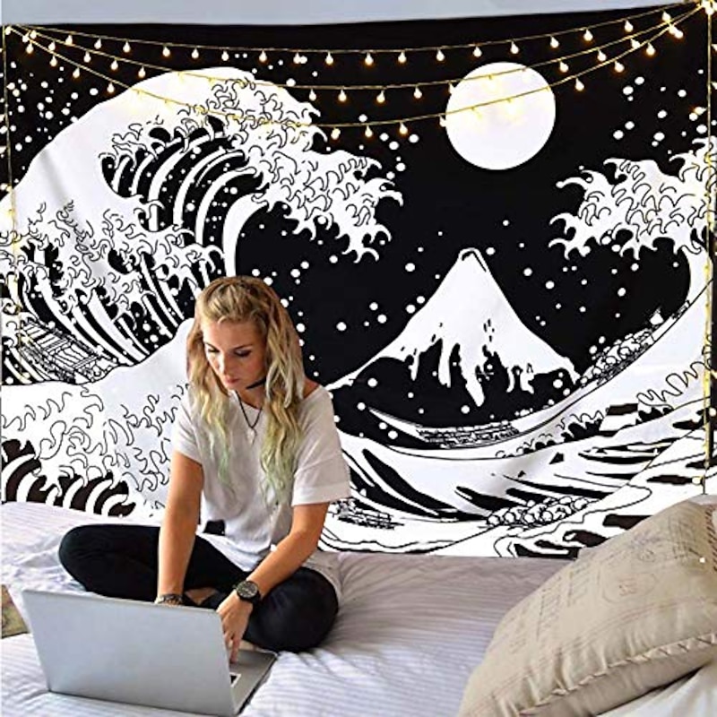 Japanese Painting Style Kanagawa Wave Wall Tapestry Art Decor Blanket Curtain Hanging Home Bedroom Living Room Decoration Ukiyo-e Sea Tarot Black White2