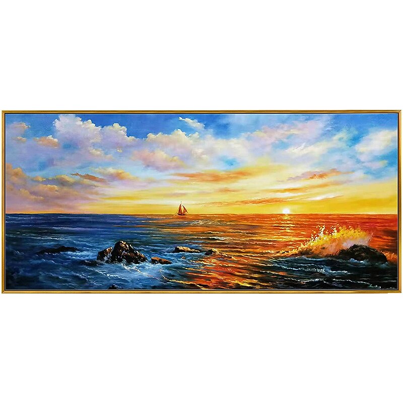 Oil Painting 100% Handmade Hand Painted Wall Art On Canvas Horizontal Panoramic Abstract Modern Landscape Nightfall Sea Sky Home Decoration Decor Rolled Canvas No Frame Unstretched2