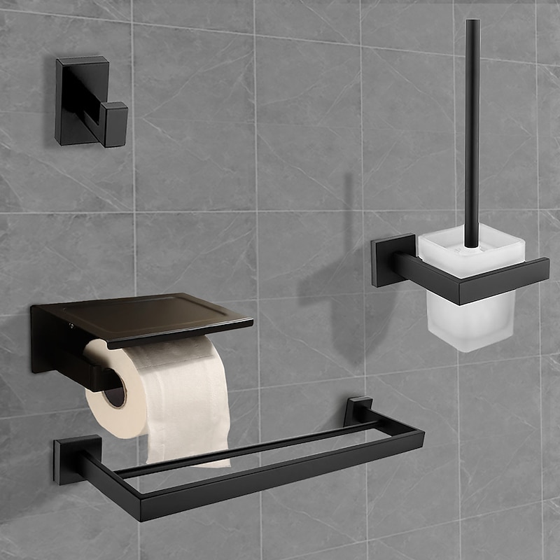 Bathroom Accessory Set Matte Black Contain with Tower Rack/Toilet Paper Holder/Robe Hook/Toilet Brush Holder Stainless Steel Wall Mounted 4PCS Painted Finish