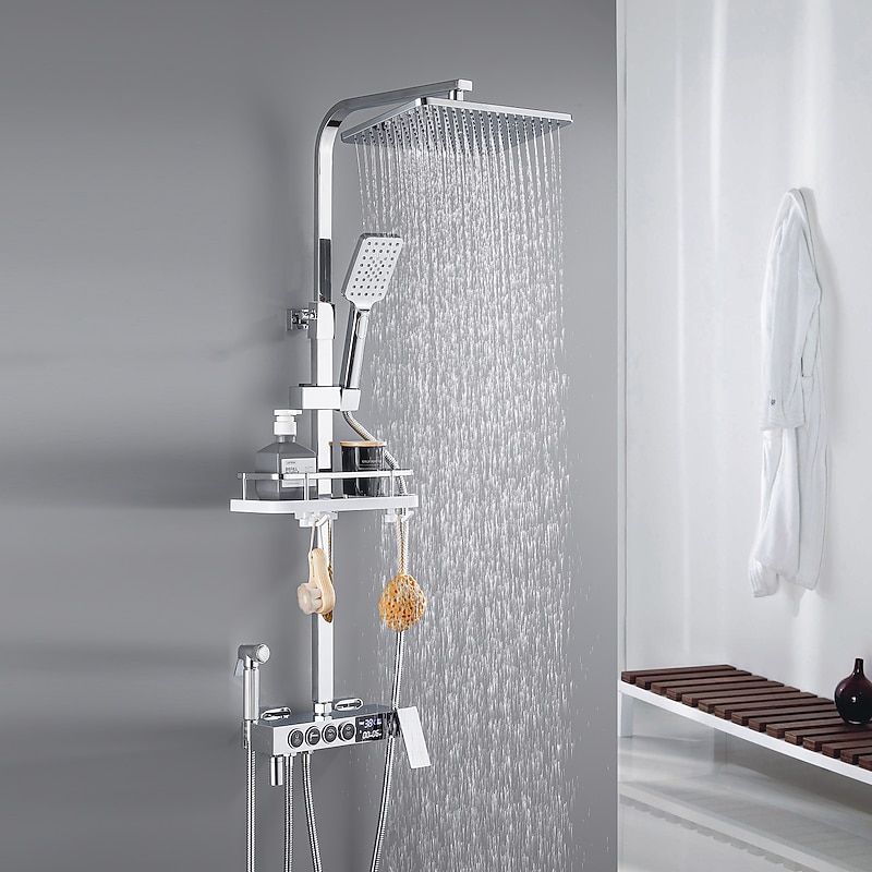 Shower Faucet with LED Display Thermostatic Mixer valve Set Handshower Included Pullout/Shelf Rainfall Shower Electroplated Mount Outside Ceramic Valve Bath Shower Mixer Taps3