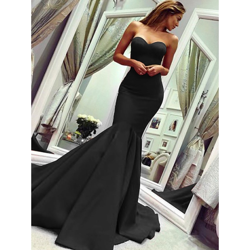 Mermaid Evening Gown Minimalist Dress Valentine's Day Wedding Guest Court Train Sleeveless Strapless Stretch Fabric with Pleats Masquerade Dress4