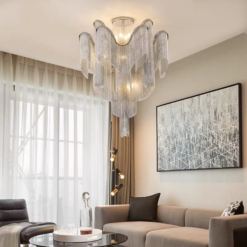 60 cm Ceiling Light Silver Tassels Flush Mount Luxury Modern Stainless Steel Metal 110-120V 220-240V3