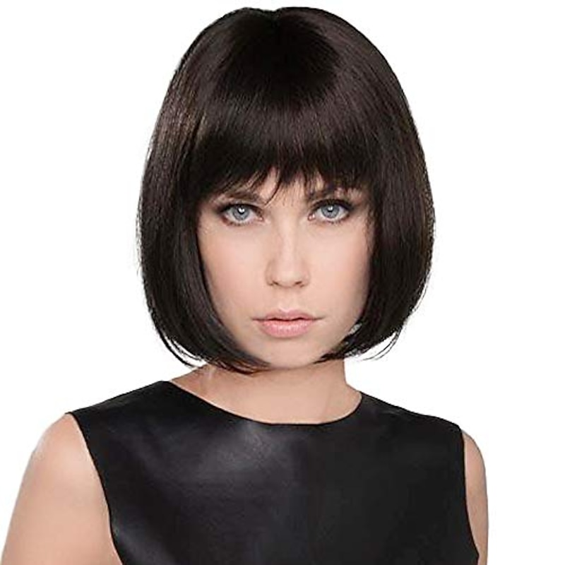 Straight Bob Neat Bang Machine Made Wig Short Photo Color Synthetic Hair Women's Dark Brown2