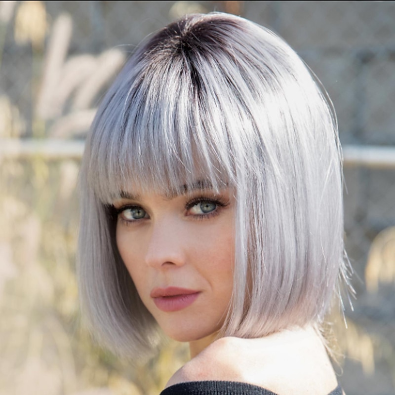 Synthetic Wig Straight Bob Wig Short Silver grey White Synthetic Hair Women's Fashionable Design Highlighted / Balayage Hair Exquisite Silver2