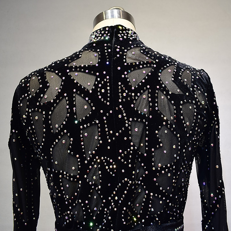 Figure Skating Dress Women's Girls' Ice Skating Dress Outfits Black Spandex High Elasticity Training Competition Skating Wear Handmade Solid Color Crystal / Rhinestone Long Sleeve Ice Skating Winter4