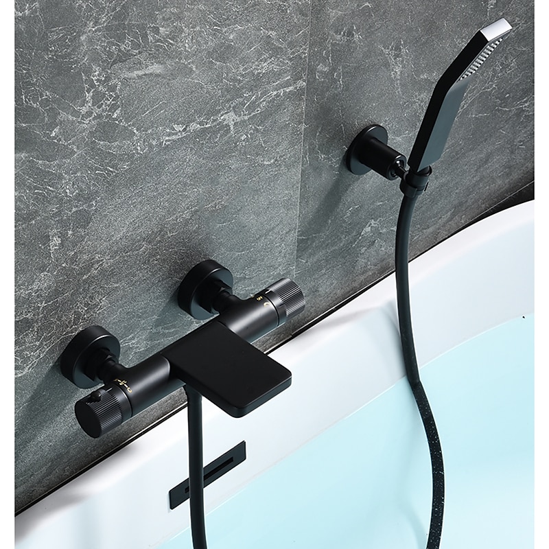 Free Standing Bathtub Faucet Thermostatic Black Painted Finishes Rotatable Shower Seat Waterfall and Spray Mode Bath Shower Mixer Taps with Hot and Cold Water2