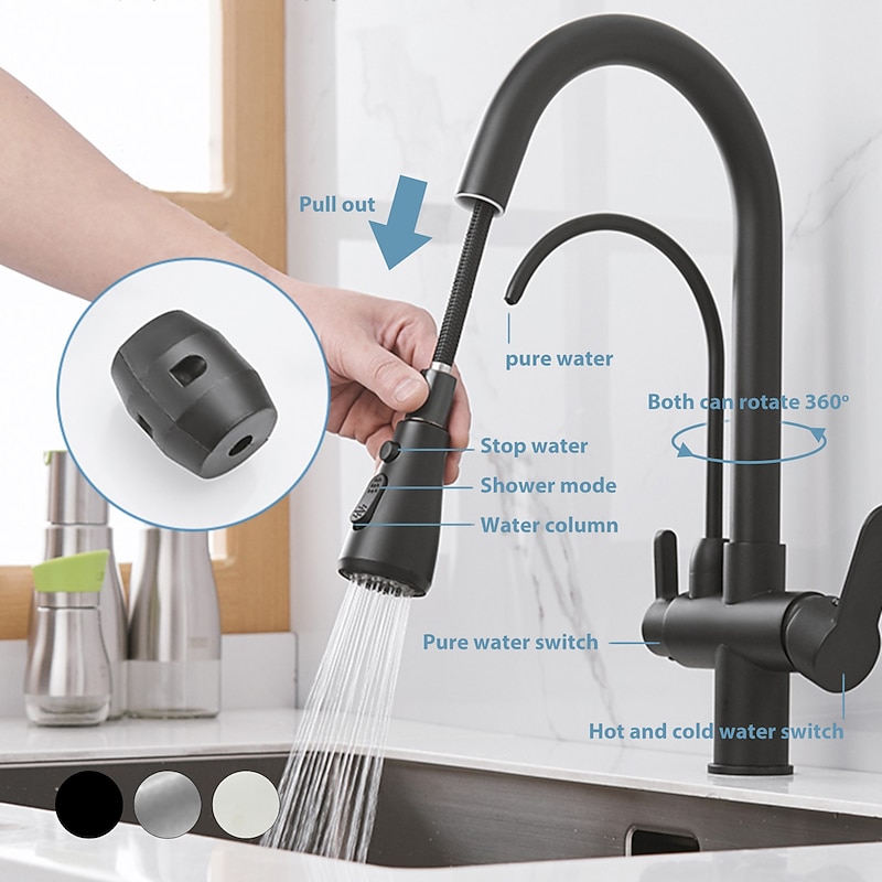 Kitchen Sink Mixer Faucet Pull Out Sprayer with Soap Dispenser, 360 swivel Black Single Handle Brass Taps Pull Down, Deck Mounted Hot Cold Water Hose Filter Tap3