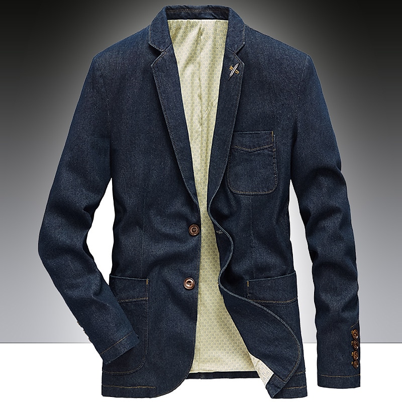 Men's Jacket Denim Jacket Jean Jacket Blazer Business Cocktail Attire Solid Colored V Neck Cotton Regular Fit Denim Blue Vintage blue Black Jacket2