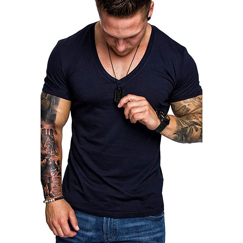 Men's T Shirt Tee Top Short Sleeve V Neck Plain Muscle Esencial Summer Navy Black White Top Tee for Men2