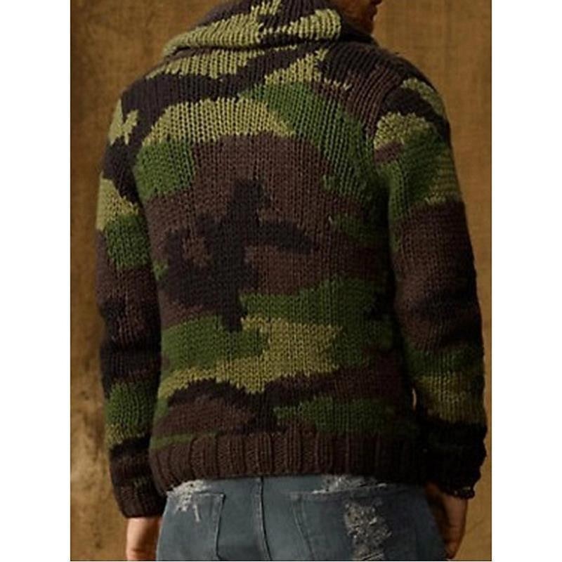Men's Sweater Cardigan Knit Knitted Camouflage Shirt Collar Clothing Apparel Fall Winter Army Green M L XL2