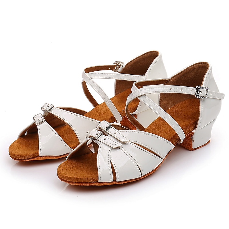 Girls' White Latin Dance Sandals with Rhinestone Buckle, Low Heel, and Crisscross Straps - Ideal for Ballroom and Salsa Practice4