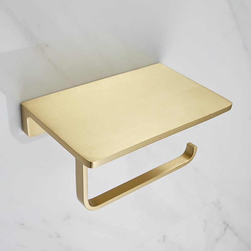 Toilet Paper Holder Creative Metal Bathroom Shelf with Mobile Phone Storage Shelf Wall Mounted Brushed Gold 1PC2