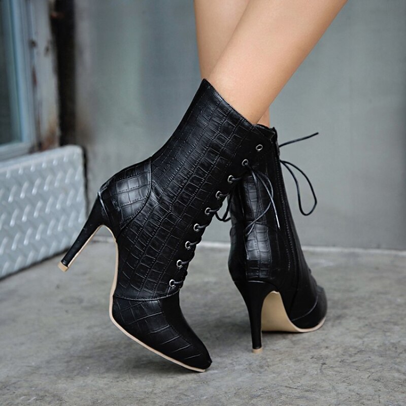 Women's Black Crocodile Pattern Lace-Up Stiletto Ankle Boots – Sleek High Heel Fashion Boots for Formal and Evening Wear