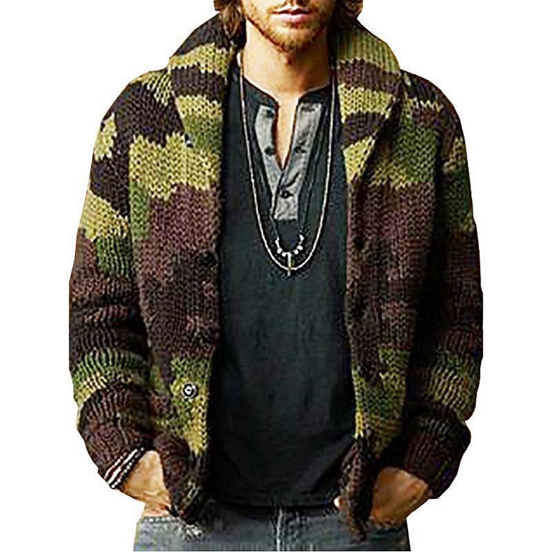 Men's Sweater Cardigan Knit Knitted Camouflage Shirt Collar Clothing Apparel Fall Winter Army Green M L XL