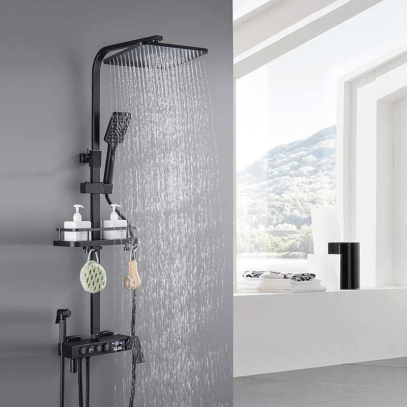 Shower Faucet with LED Display Thermostatic Mixer valve Set Handshower Included Pullout/Shelf Rainfall Shower Electroplated Mount Outside Ceramic Valve Bath Shower Mixer Taps2
